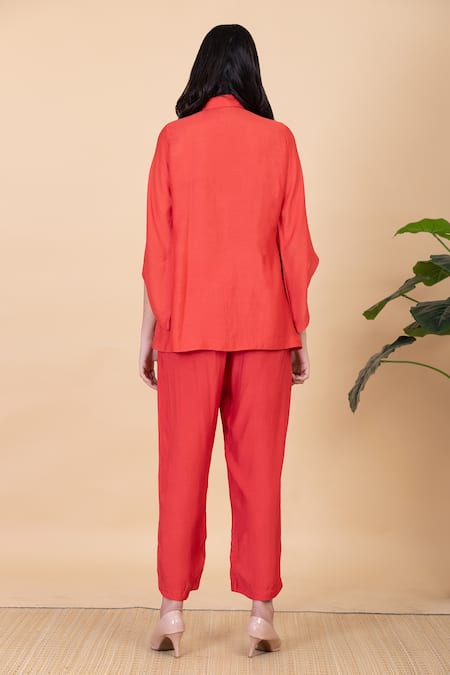 Shop Chambray & CO. Coral Silk Embroidery Collared Red Flower Shirt And Pant Set at Aza Fashions Shop_Chambray & CO._Coral Silk Embroidery Collared Red Flower Shirt And Pant Set _at_Aza_Fashions