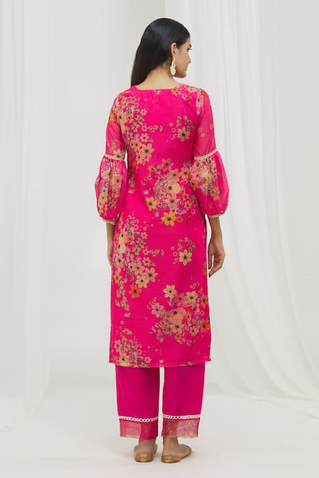 Shop Yuvraani Jaipur Pink Chanderi, Cotton, Organza Embroidery, Straight Floral Pattern Kurta Set at Aza Fashions Shop_Yuvraani Jaipur_Pink Chanderi, Cotton, Organza Embroidery, Straight Floral Pattern Kurta Set _at_Aza_Fashions