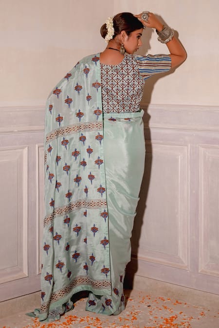 Shop The Home Affair Blue Chiffon, Cotton Satin Embroidery Floral Handblock Print Saree And Blouse Set at Aza Fashions Shop_The Home Affair_Blue Chiffon, Cotton Satin Embroidery Floral Handblock Print Saree And Blouse Set _at_Aza_Fashions