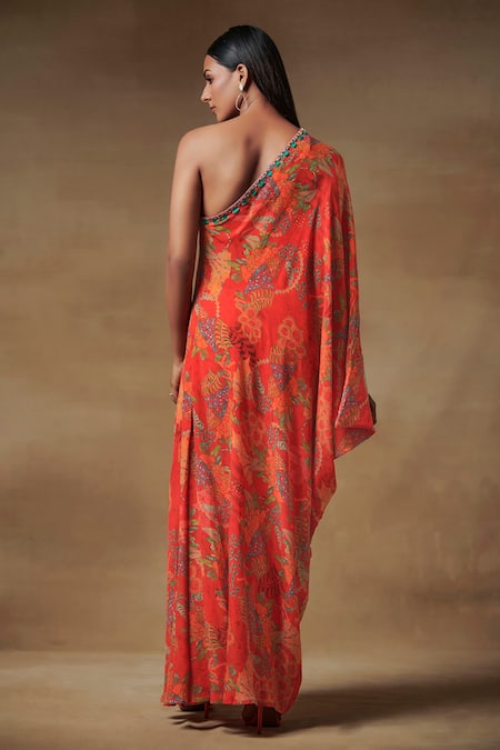 Shop_Saundh_Red Natural Crepe One Shoulder Floral Print Dress_at_Aza_Fashions