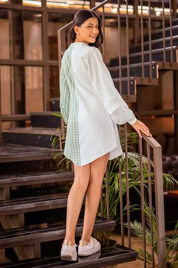Shop B'Infinite Green Cotton Printed Arrow Spread Collar Colorblock Shirt Dress at Aza Fashions Shop_B'Infinite_Green Cotton Printed Arrow Spread Collar Colorblock Shirt Dress_at_Aza_Fashions