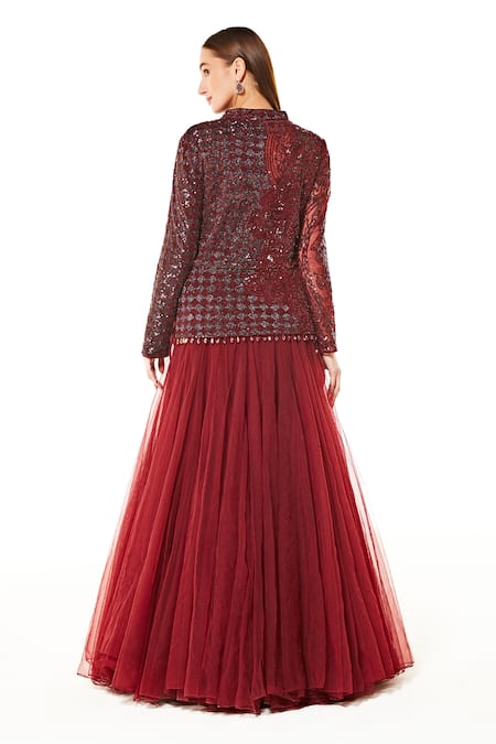 Shop Rabani & Rakha Maroon Net Embroidery, Sequins, Cut Work Dahlia Peplum Jacket And Lehenga Set at Aza Fashions Shop_Rabani & Rakha_Maroon Net Embroidery, Sequins, Cut Work Dahlia Peplum Jacket And Lehenga Set _at_Aza_Fashions