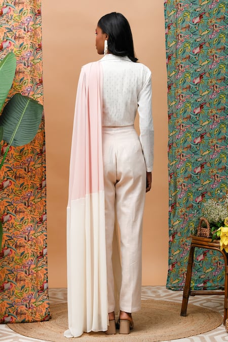 Shop_Rishi and Vibhuti_Ivory Linen Fringe Collared Drape Attached Shirt With Pant _at_Aza_Fashions