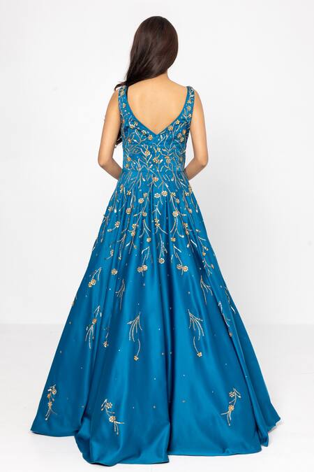Shop Sartoriale Blue Satin, Polyester Embroidery V-neck Floral Motifs Gown at Aza Fashions Shop_Sartoriale_Blue Satin, Polyester Embroidery V-neck Floral Motifs Gown_at_Aza_Fashions
