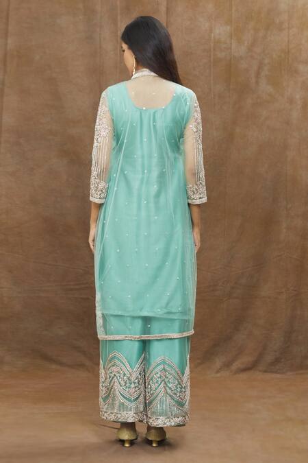 Shop Adara Khan Sky Blue Butterfly Net, Lining Japan Satin Linear And Embroidered & Palazzo Set at Aza Fashions Shop_Adara Khan_Sky Blue Butterfly Net, Lining Japan Satin Linear And Embroidered & Palazzo Set_at_Aza_Fashions