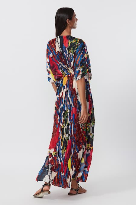 Shop_Saaksha & Kinni_Multi Color Cotton, Silk Round Neck Abstract Cluster Print Kaftan _at_Aza_Fashions