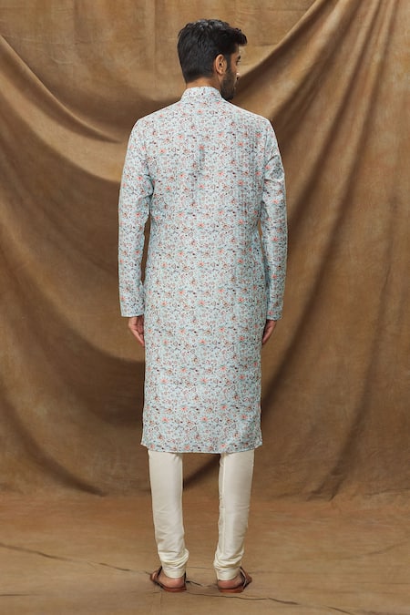 Arihant Rai Sinha Blue Jacquard, Silk, Chanderi Embroidery Thread Work And Floral Pattern Kurta Set Online at Aza Fashions Arihant Rai Sinha_Blue Jacquard, Silk, Chanderi Embroidery Thread Work And Floral Pattern Kurta Set _Online_at_Aza_Fashions