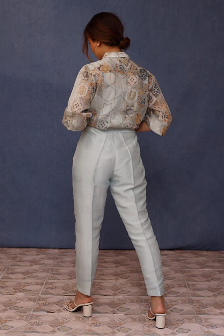 Shop_Chokhi Chorri_Blue Silk Collared Arzu Moroccan Tile Print Top With Pant _at_Aza_Fashions