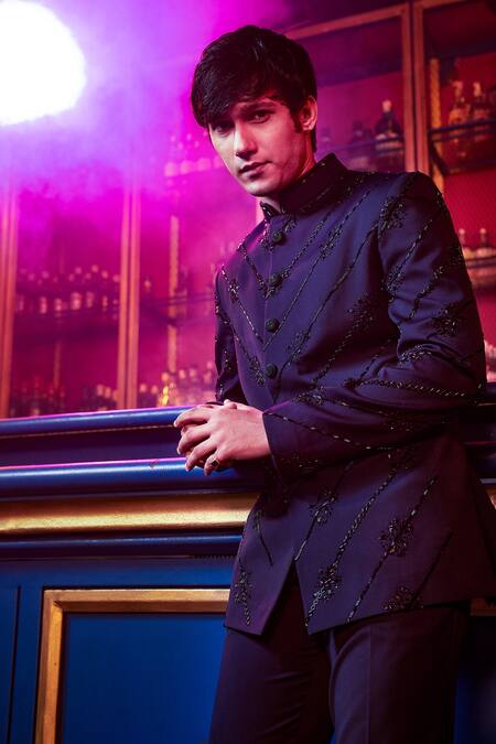 Shop Kora By Nilesh Mitesh Blue Silk Embroidery Chevron Jodhpuri Set at Aza Fashions Shop_Kora By Nilesh Mitesh_Blue Silk Embroidery Chevron Jodhpuri Set_at_Aza_Fashions