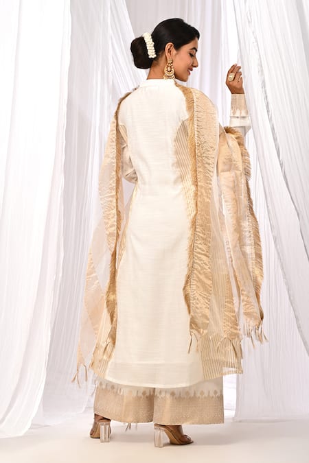 Shop The Home Affair Off White Chanderi, Cotton Zari Mandarin Collar Pure Kurta Palazzo Set at Aza Fashions Shop_The Home Affair_Off White Chanderi, Cotton Zari Mandarin Collar Pure Kurta Palazzo Set _at_Aza_Fashions