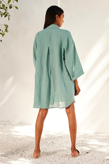 Shop_Kharakapas_Blue Linen Embroidery Shawl Neck, Collared Asymmetric Hem Haze Dress _at_Aza_Fashions