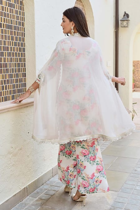 Shop Palak & Mehak Off White Organza, Crepe Gota Patti, Aravali Garden Print Kurta Set With Cape at Aza Fashions Shop_Palak & Mehak_Off White Organza, Crepe Gota Patti, Aravali Garden Print Kurta Set With Cape _at_Aza_Fashions