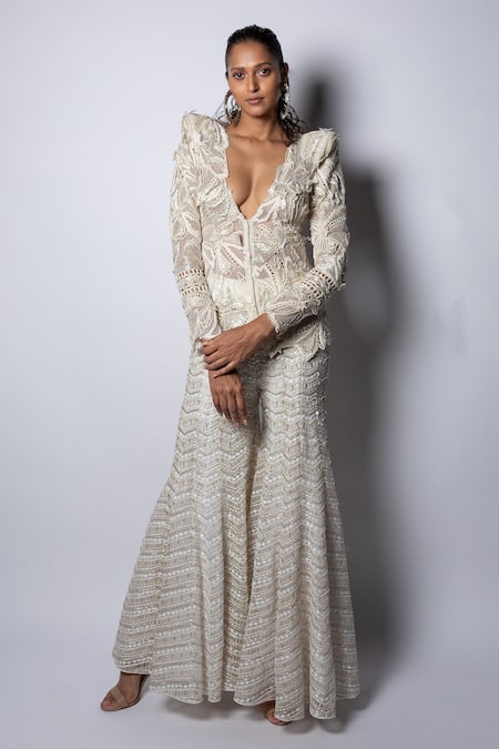 Shop Ritika Mirchandani Ivory Net Embroidery Bead V Siriy Abstract Floral Kurta And Sharara Set at Aza Fashions Shop_Ritika Mirchandani_Ivory Net Embroidery Bead V Siriy Abstract Floral Kurta And Sharara Set _at_Aza_Fashions