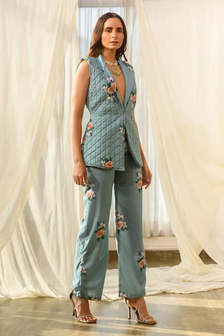 Shop_Pasha India_Green Linen Embroidery Open Neck Jacket And Pant Set _at_Aza_Fashions