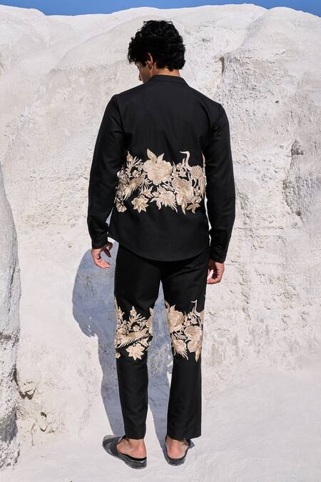 Shop Dash And Dot Black Polyester, Viscose, Spandex Embroidery Gara Stitch Shirt And Pant Set at Aza Fashions Shop_Dash And Dot_Black Polyester, Viscose, Spandex Embroidery Gara Stitch Shirt And Pant Set_at_Aza_Fashions