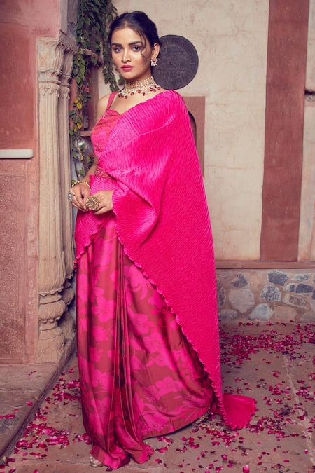 Shop Show Shaa Maroon Satin, Crepe Cut Work, Sequins, Printed Pre-draped Saree With Blouse at Aza Fashions Shop_Show Shaa_Maroon Satin, Crepe Cut Work, Sequins, Printed Pre-draped Saree With Blouse _at_Aza_Fashions