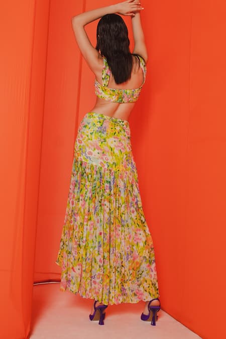 Shop July Issue Green Viscose, Zoya Floral Pattern Bandeau Crop Top And High Low Frill Skirt Set at Aza Fashions Shop_July Issue_Green Viscose, Zoya Floral Pattern Bandeau Crop Top And High Low Frill Skirt Set _at_Aza_Fashions