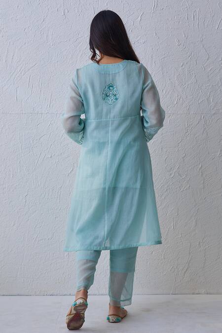 Shop Chandbari Blue Kota Cotton Embroidered Dori V Neck Asymmetric Peplum Kurta And Trouser Set at Aza Fashions Shop_Chandbari_Blue Kota Cotton Embroidered Dori V Neck Asymmetric Peplum Kurta And Trouser Set_at_Aza_Fashions