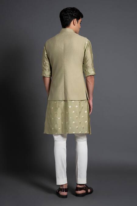 Shop Raghavendra Rathore Jodhpur Green Silk Embroidery Kantha Work Waistcoat at Aza Fashions Shop_Raghavendra Rathore Jodhpur_Green Silk Embroidery Kantha Work Waistcoat _at_Aza_Fashions