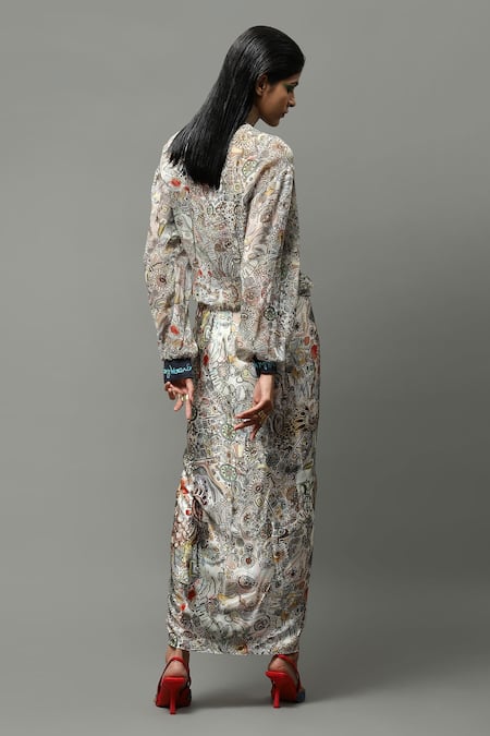AK-OK Abstract Print Chiffon Sweatshirt Draped Skirt Set 