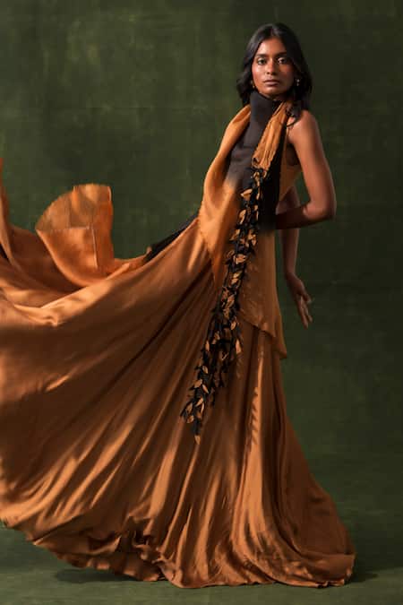 Shop Richa Khemka Brown Organza, Modal, Taffeta Embroidery Cowl Two Toned Leaves Ornamented Gown at Aza Fashions Shop_Richa Khemka_Brown Organza, Modal, Taffeta Embroidery Cowl Two Toned Leaves Ornamented Gown _at_Aza_Fashions