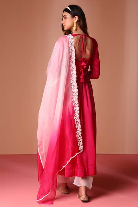 Soha By Harleen And Sona Chanderi Silk Floral Embroidered Yoke Anarkali Pant Set 