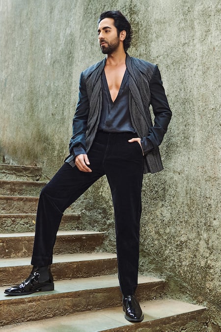 Shop Rohit Gandhi + Rahul Khanna Black Linen Multi Panel Jacket at Aza Fashions Shop_Rohit Gandhi + Rahul Khanna_Black Linen Multi Panel Jacket _at_Aza_Fashions