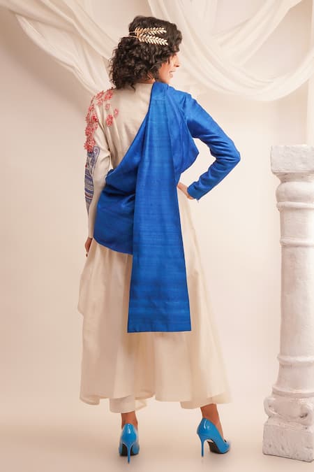 Shop_Jajaabor_Blue Silk Chanderi Embroidery Ivory Round Floral Applique Angrakha Pant Set _at_Aza_Fashions