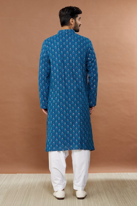 Shop_Aham-Vayam_Blue Cotton Sequins Riwaaz Embroidered Kurta And Patiala Set _at_Aza_Fashions