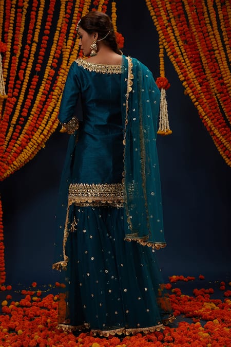 Shop Preeti S Kapoor Green Net Gota Patti, Sequins Boat Neck Embroidered Kurta Gharara Set at Aza Fashions Shop_Preeti S Kapoor_Green Net Gota Patti, Sequins Boat Neck Embroidered Kurta Gharara Set _at_Aza_Fashions