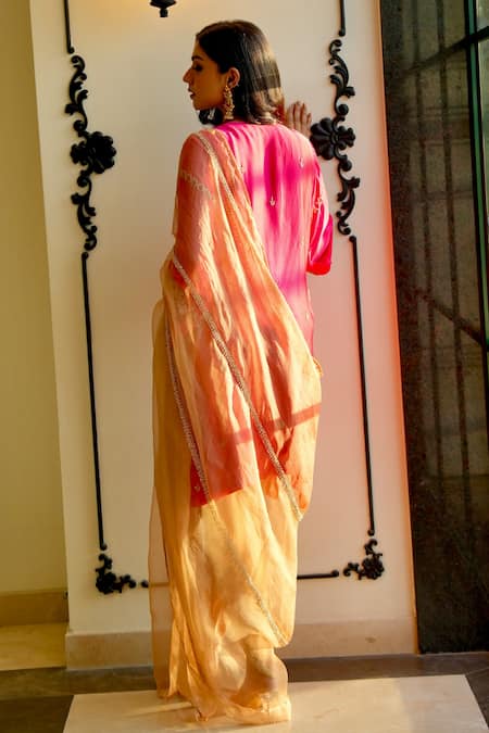 Shop Gul By Aishwarya Magenta Satin Silk Hand Embroidered Pakistani Kurta Dhoti Pant Set at Aza Fashions Shop_Gul By Aishwarya_Magenta Satin Silk Hand Embroidered Pakistani Kurta Dhoti Pant Set _at_Aza_Fashions