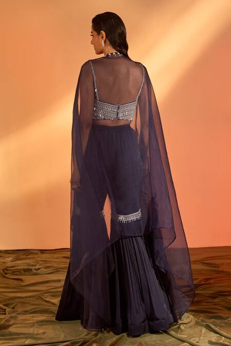 Shop_J By Jannat_Blue Satin Chiffon Hand Embroidered Floral Square Neck Cape Sharara Set _at_Aza_Fashions