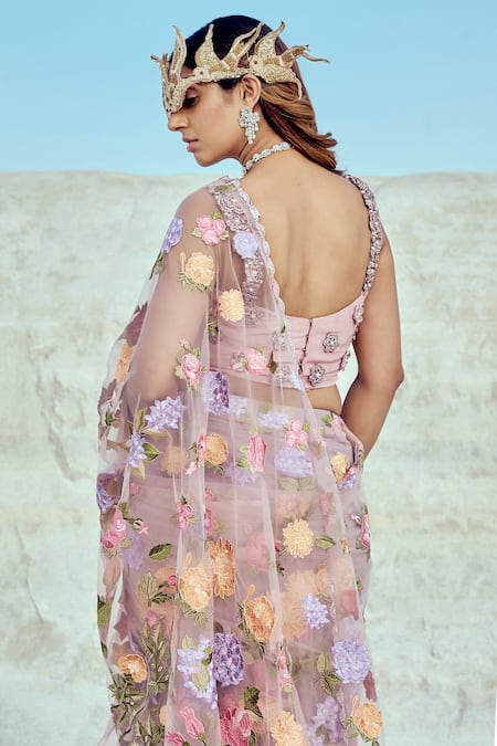 Nikita Vishakha Purple Organza, Jacquard, Net Embroidery V-neck Pre-draped Saree With Blouse Online at Aza Fashions Nikita Vishakha_Purple Organza, Jacquard, Net Embroidery V-neck Pre-draped Saree With Blouse _Online_at_Aza_Fashions