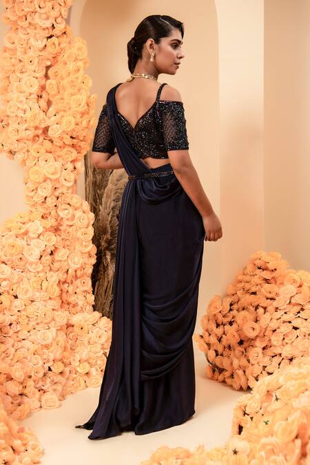 Shop Adi By Aditya Khandelwl Blue Satin, Net Sequins, Crystals, Pearls, Beads Pre-draped Stitched Saree Set at Aza Fashions Shop_Adi By Aditya Khandelwl_Blue Satin, Net Sequins, Crystals, Pearls, Beads Pre-draped Stitched Saree Set _at_Aza_Fashions