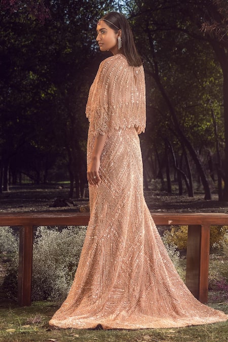 Shop Nitika Gujral Peach Satin, Net Sequins, Cut Work, Crystals And Embroidered Skirt & Veil Set at Aza Fashions Shop_Nitika Gujral_Peach Satin, Net Sequins, Cut Work, Crystals And Embroidered Skirt & Veil Set _at_Aza_Fashions