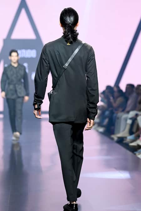 Shop_Tisa - Men_Black Terry Rayon Plain Band Collar Short Kurta Set_at_Aza_Fashions