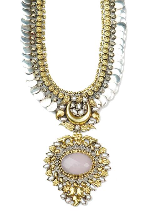 Shop Neeta Boochra Silver Plated Quartz Two Tone Coin Necklace at Aza Fashions Shop_Neeta Boochra_Silver Plated Quartz Two Tone Coin Necklace_at_Aza_Fashions