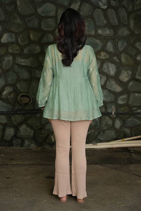 Shop_Pants And Pajamas_Green Chanderi Embroidery V-neck Origami Moss Chikankari Top _at_Aza_Fashions