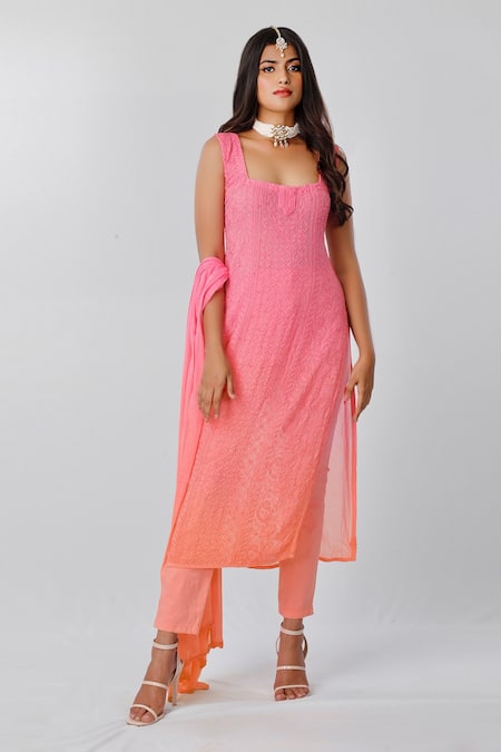 Label Aishwaryrika Apricot Ombre Chikankari Embroidered Kurta 