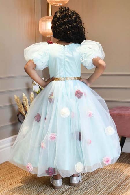 Shop Fayon Kids Blue Net, Cotton Embroidery 3d Floral Embellished Gown at Aza Fashions Shop_Fayon Kids_Blue Net, Cotton Embroidery 3d Floral Embellished Gown _at_Aza_Fashions