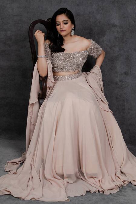 Shop_Sunita Bhandari_Beige Viscose, Georgette, Net Sequins, Tassels Waistband Embroidered Lehenga Set _at_Aza_Fashions