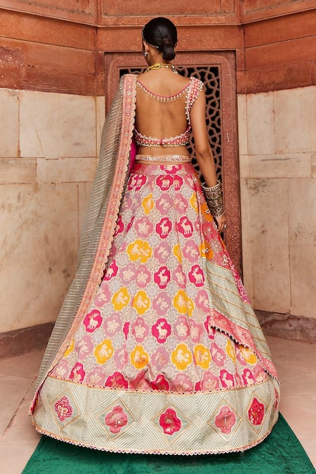 Shop_Aditi Gupta_Pink Banarasi Embroidery Zardozi Sweetheart Chanderi Meenakari Work Lehenga Set_at_Aza_Fashions