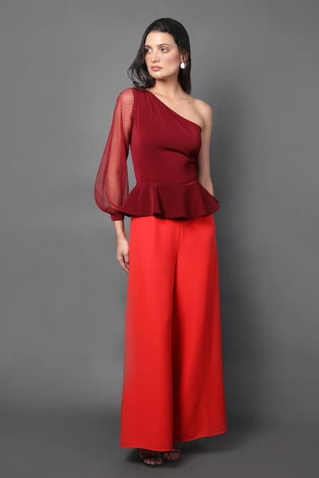 Shop_Swatee Singh_Red Crepe One Shoulder Color Blocked Jumpsuit _at_Aza_Fashions