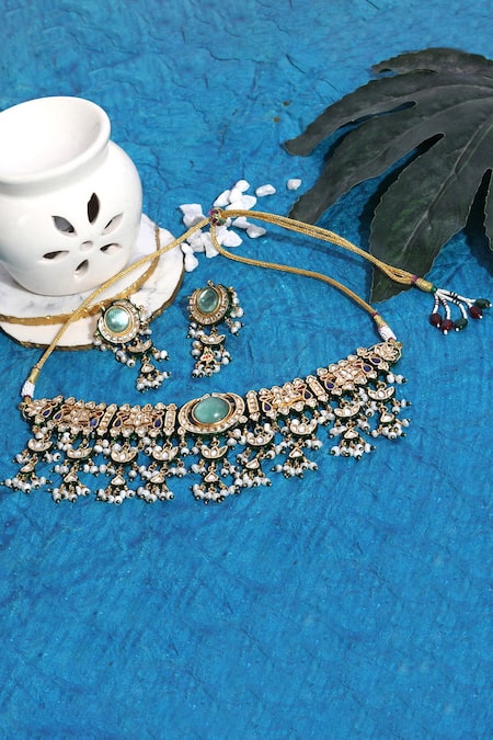 Auraa Trends Green Stones, Pearls Kundan Polki Embellished Choker Set