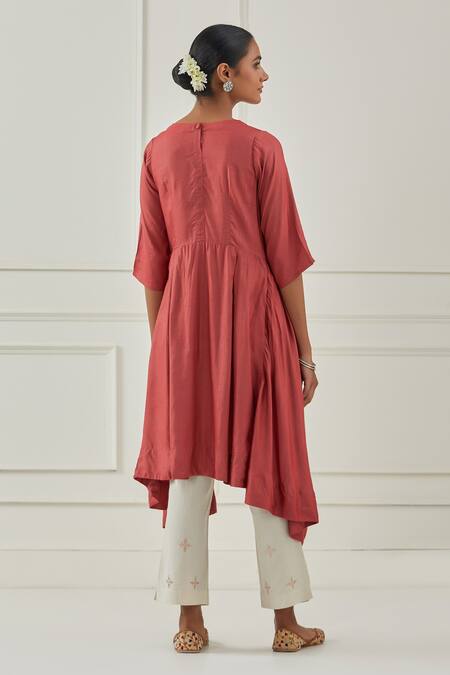 Kamaltaas Red Cotton, Silk Embroidery Round Neck Asymmetric Kurta And Pant Set Online at Aza Fashions Kamaltaas_Red Cotton, Silk Embroidery Round Neck Asymmetric Kurta And Pant Set _Online_at_Aza_Fashions