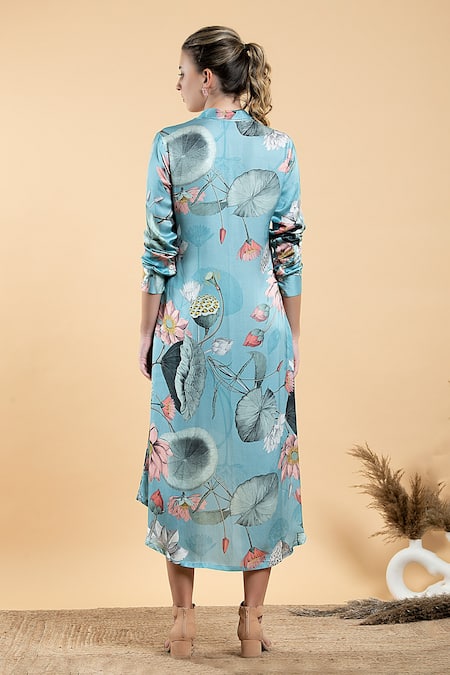 Shop Divi By Sonal Khandelwal Sky Blue Modal, Satin Collared Lotus Print High Low Hem Shirt Dress at Aza Fashions Shop_Divi By Sonal Khandelwal_Sky Blue Modal, Satin Collared Lotus Print High Low Hem Shirt Dress _at_Aza_Fashions