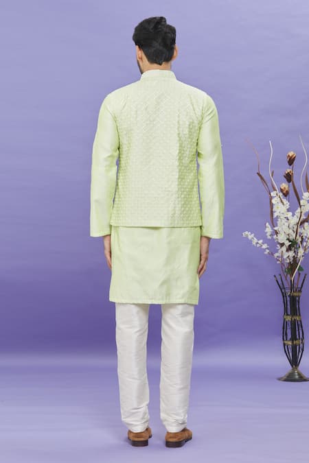 Shop_Arihant Rai Sinha_Green Silk Embroidery Pista Long Bundi _at_Aza_Fashions