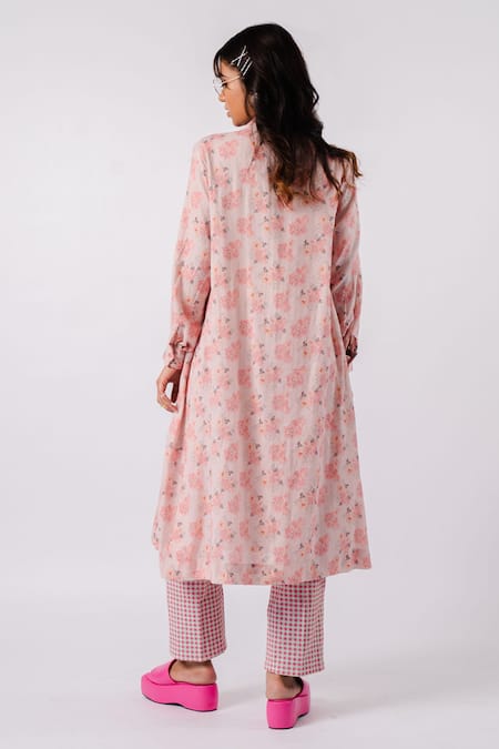 Shop Tussah By Siddhi Shah Pink Moss Cotton Print Floral Collared Neck Tunic at Aza Fashions Shop_Tussah By Siddhi Shah_Pink Moss Cotton Print Floral Collared Neck Tunic _at_Aza_Fashions