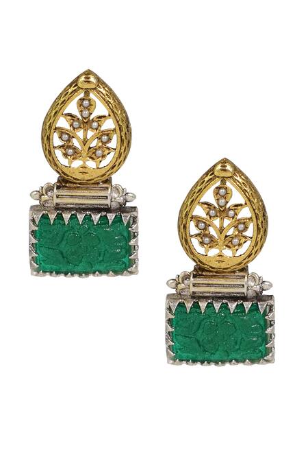 Shop Tizora Green Stone Antique Carved Earrings at Aza Fashions Shop_Tizora_Green Stone Antique Carved Earrings_at_Aza_Fashions