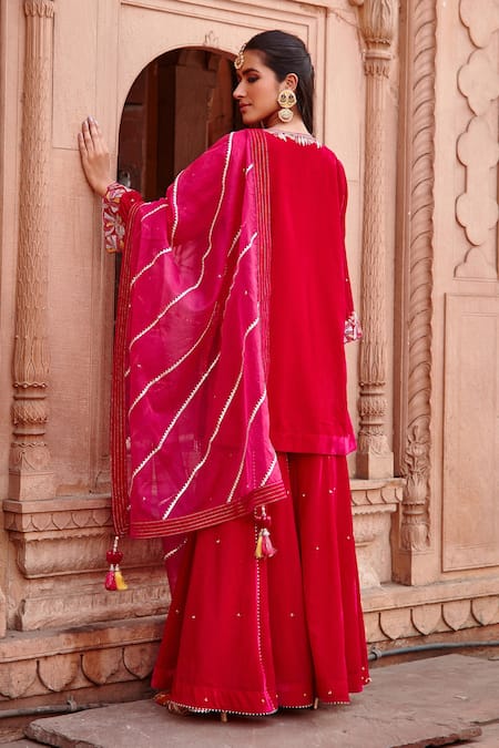 Shop Ajiesh Oberoi Pink Velvet, Organza Embroidery, Beads Keyhole Neck Kurta Gharara Set at Aza Fashions Shop_Ajiesh Oberoi_Pink Velvet, Organza Embroidery, Beads Keyhole Neck Kurta Gharara Set _at_Aza_Fashions